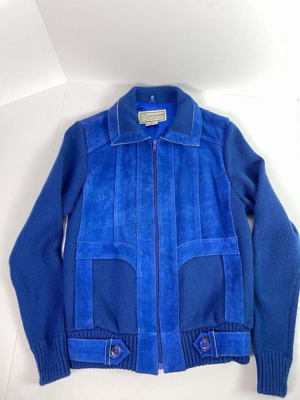 Vintage Deerskin Trading Post Blue Suede and Knit Full-Zip Jacket Size Medium
